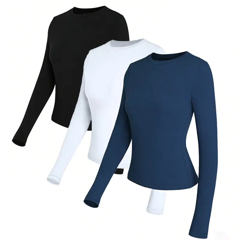 【Limited Time Deal】【Fast Shipping】Women's Snug Slim-Fit Basic Long Sleeve Top - Casual Solid Minimalist Round Neck, 90% Poly 10% Spandex Stretchy Blend, All Seasons Streetwear, Black White Blue Shirts for Women, Everyday Tops