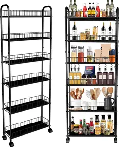Slim Storage Cart, 6-Tier 6in Black Narrow Rolling ShelfSturdy Slim Storage Ideal for Kitchen, Bathroom, and Laundry Room
