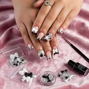 24Pcs Short Square Press on Nails French Tip Zebra Print with 3D White Bow Charms and Silver Star Rhinestones Black and White False Nails