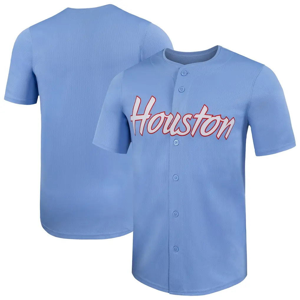Men's Light Blue Houston Full-Button Jersey, Crewneck Short Sleeves For Fan