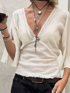 Bohemela V-Neck Cinched Waist Embroidered Split Sleeve Blouse Elegant Boho Summer Top