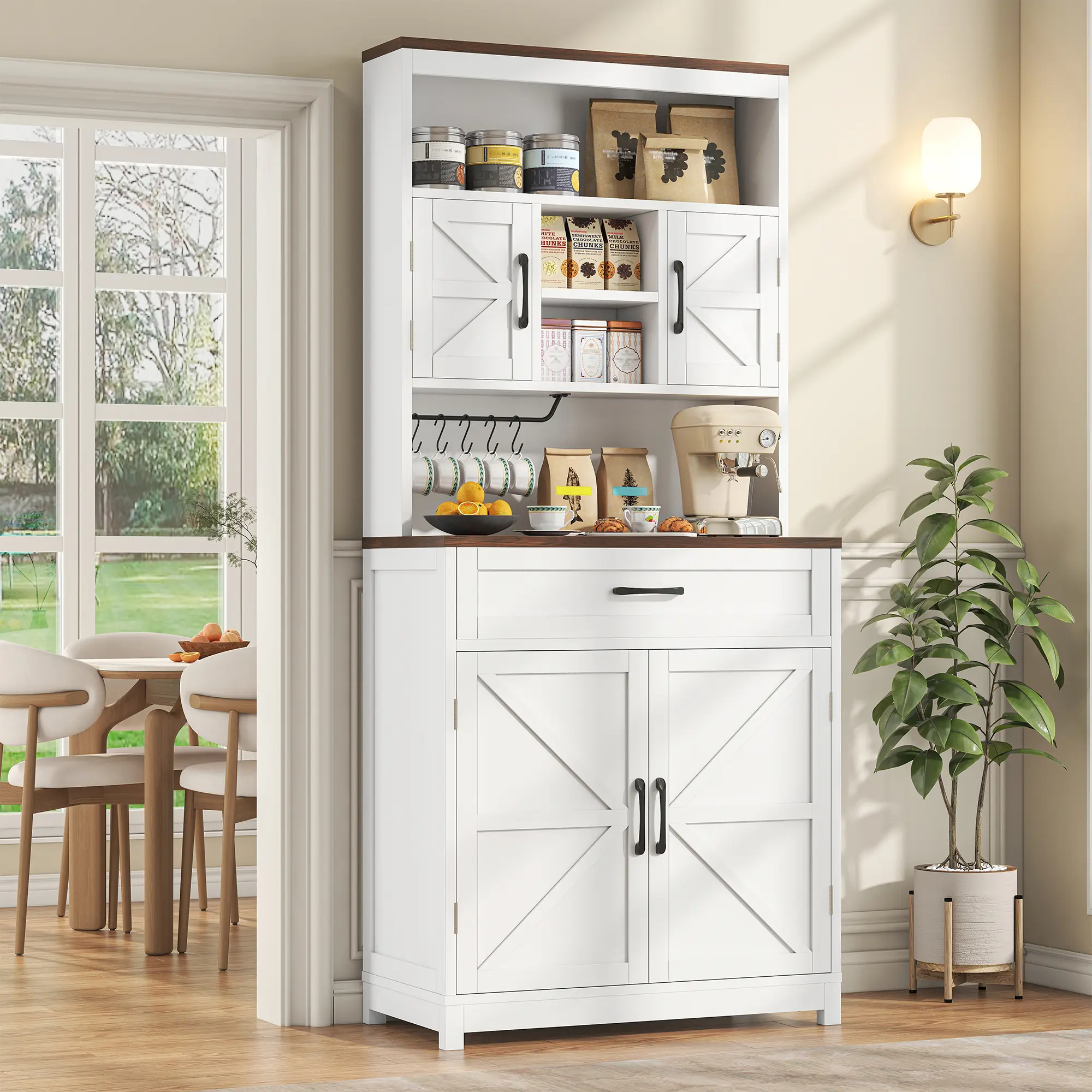 69.3" Tall Farmhouse Kitchen Pantry Cabinet with 2 Barn Doors 1 Drawer & Storage Shelves Wide Countertop Charge Holes for Buffet & Kitchen Hutch