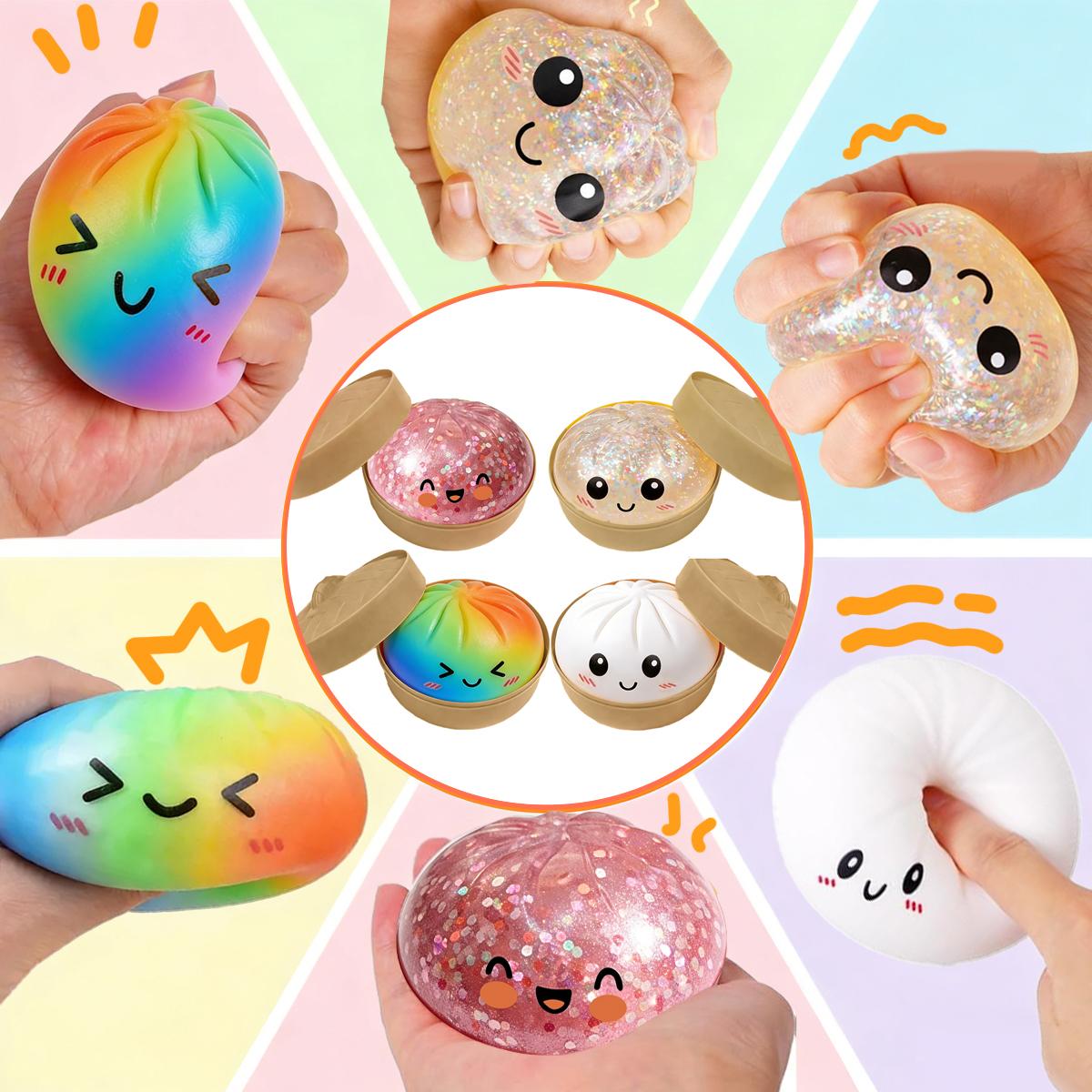 2026 Upgrade Glitter Dumpling Squishy Fidget Toy with Steamer Box, Soft Sensory Fidget Steamed Bun Squeeze Tool for Adult Stress & Anxiety Relief