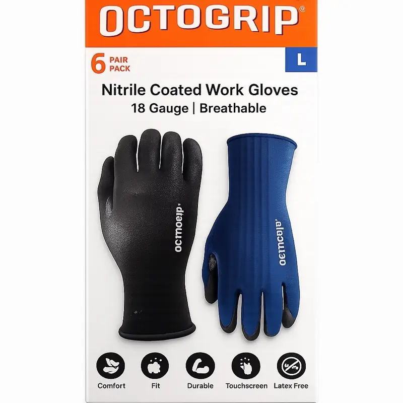 Octogrip Nitrile Coated Palm Work Gloves - Large, 6 Pairs - for Landscaping, Construction, DIY Enthusiasts, General Maintenance