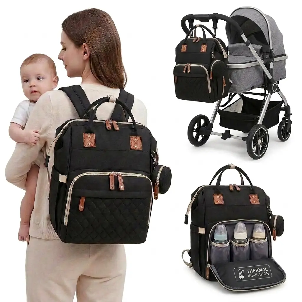Waterproof Lightweight Fabric Diaper Backpack Bag, 3 Insulated Pockets, Durable Stroller Hooks, Multi-Pockets, Adjustable Straps, Stylish Baby Travel Gear Gift for New Parents