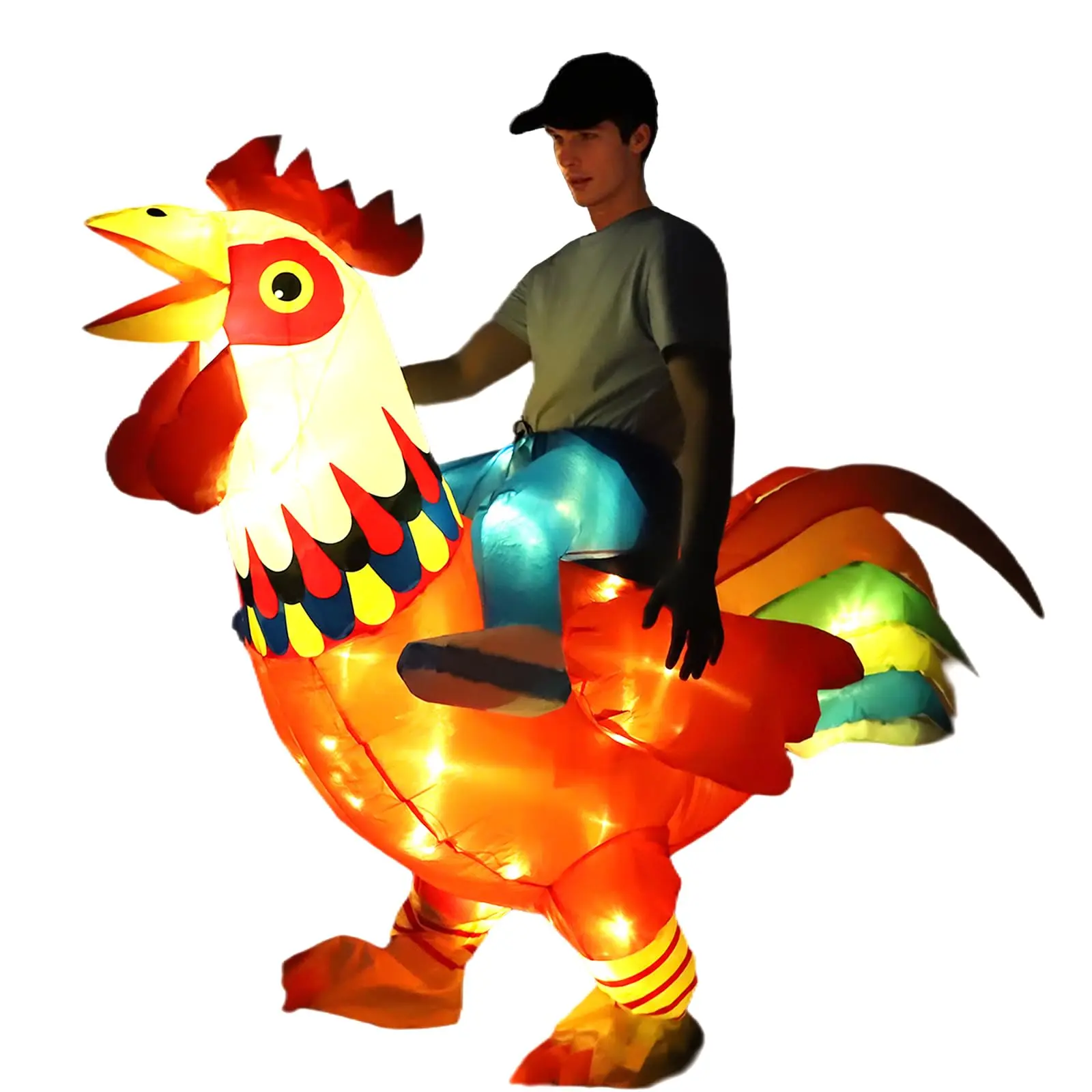 Inflatable Chicken Costume Adult, Riding on Rooster Costume with LED Lights for Men/Women, Funny Halloween Blow Up Chicken Costume Adult Cosplay for Christmas Thanksgiving Party
