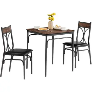 VECELO Industrial Style 3-Piece Dining Room Table Set with 2 PU Padded Chair