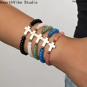 12Pcs Vintage Crystal Turquoise Cross Multi-Layer Stackable Bracelet Set