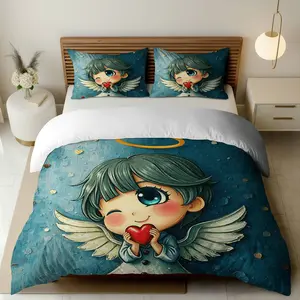 3PCS Duvet Cover Set, 1 Duvet+2 Pillowcases(Without filler), Angelic  Heart Cute Heavenly theme, Christmas bedding set, Cozy Soft Decorative Suitable for bedroom living room guest room dorm.