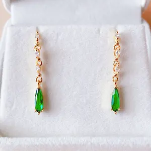 Vinage Design Earrings, Retro Design Earrings, Green Emerald Statement Dangle Earrings, 14K Gold Dainty Drop Earrings, Gift For Her, EM291