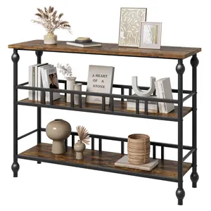 GARVEE Console Table: Industrial Style with 3-Tier Storage, 39.4" Narrow MDF Wood & Metal Design, Adjustable Footpads, Ideal for Living Room, Foyer, or Bedroom in Rustic Gray Finish.