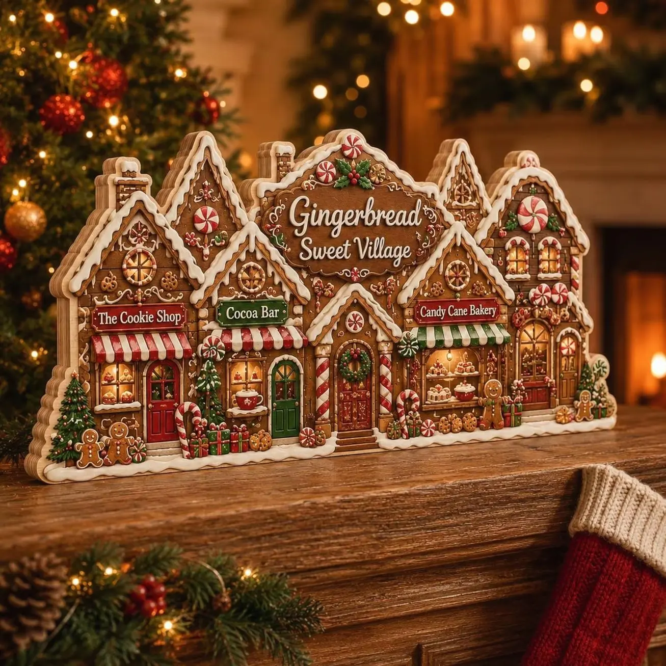 Gingerbread Christmas Village Wooden Block Decor, Candy Cane Bakery Tabletop Sign, Cozy Holiday Mantel Decoration, Christmas Gift