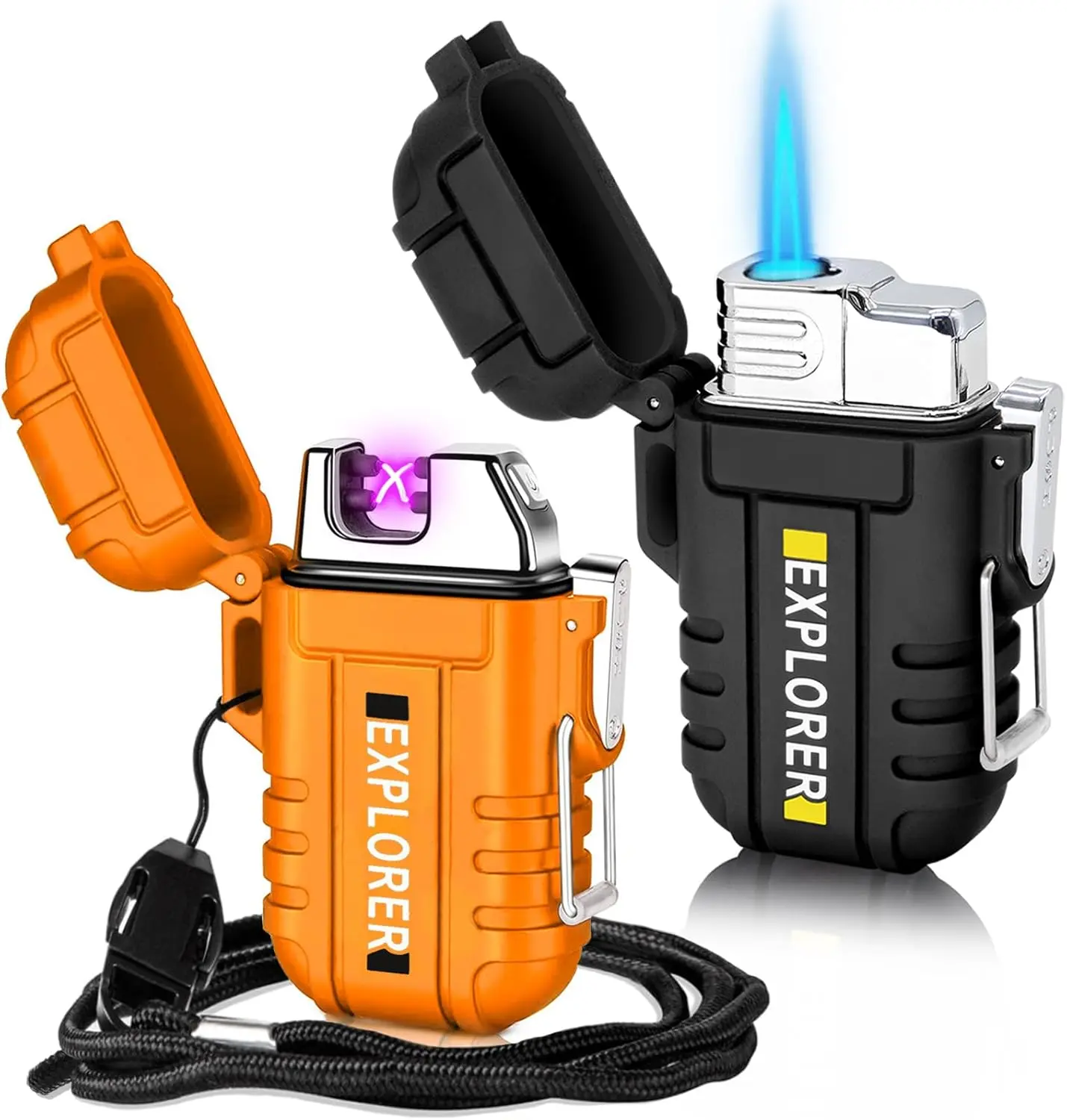2 Pack Waterproof Lighter Outdoor Windproof Torch Lighters Dual Arc Butane Electric Lighters USB Rechargeable Lighters Flameless Plasma Lighter Camping Hiking Adventure Survival Tactical Gear Laffizz