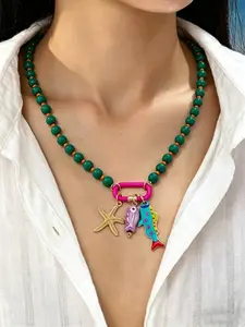 1pc Summer Beach Style Multi-Layer Beaded Necklace With Colorful Fish & Starfish Pendants, Bohemian Jewelry Suitable For Vacation And Beach Parties, Daily Wear Necklace, Trendy Jewelry