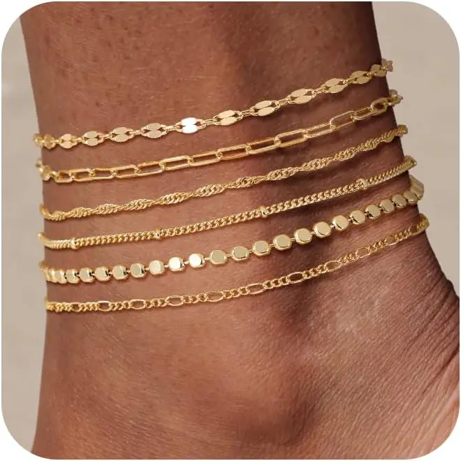 TEWIKY Waterproof Ankle Bracelets for Women,  Women 6PCS Thiny Herringbone Box Paperclip Figaro Cuban Link Anklet Set Dainty Gold Jewelry for Women Cute Summer Beach Jewelry For Valentine's Day gifts summerwins
