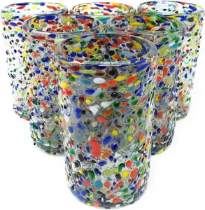 Hand Blown Mexican Drinking Glasses - Set of 6 Confetti Rock Design Glasses (14 oz each)