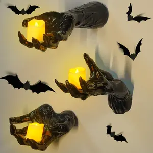 Halloween Decorations Gothic Wall Decor, Set of 3 Wall Mounted Creepy Ghost Hands with Lights Candles, Spooky Goth Decor Black Horror Reaching Ghost Hands for Halloween Spooky Hainging Decorations Life-Size Horror Hands for Gothic Wall Decoration