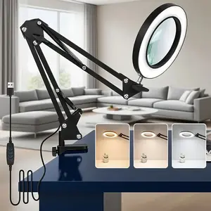 Adjustable Desktop Magnifying Glass Lamp, Portable LED Light, USB Powered, 3 Color Modes, 360° Swivel Neck, Ideal for Reading & Work