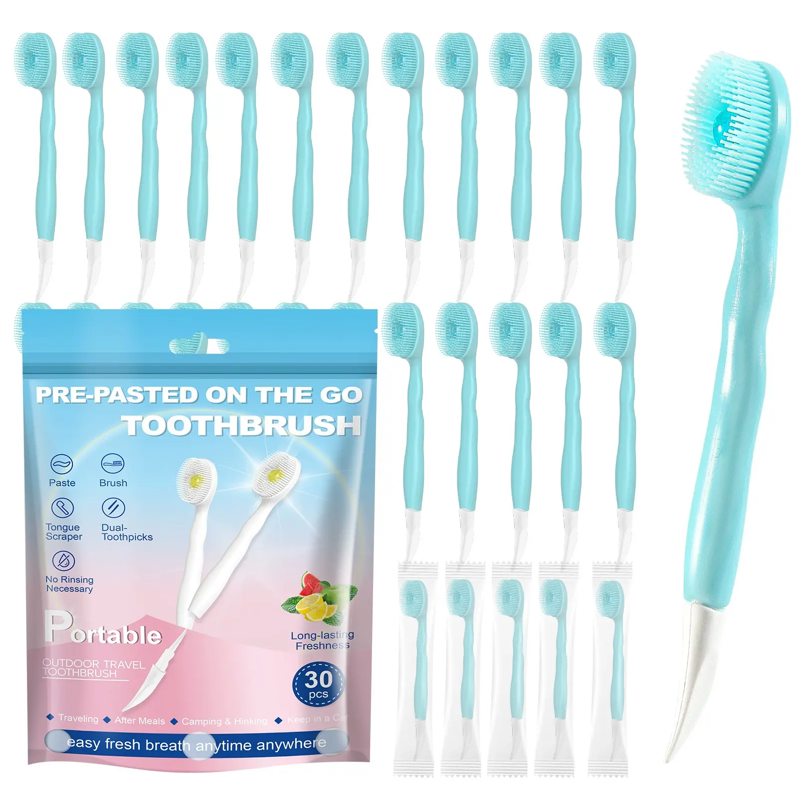 30-Piece 4-in-1 Disposable Toothbrush Set On-the-Go Portable Oral Care Kit – Toothpaste + Toothpick + Tongue Scraper | Individually Wrapped, Soft Bristles, Perfect for Office, Camping & Travel