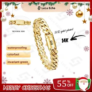 LuLuEcho Black "S" Clasp 14K gold-plated Cuban Link Bracelet - Chunky Gold Hip Hop Chain for Men