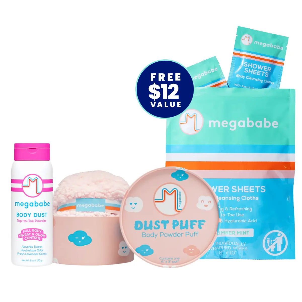 Megababe Dust Duo Talc-Free Cosmetic Set - 6oz (170g) Dusting Powder, Anti-Perspiration, Sweat-Absorbing, Moisture-Control, with Body Powder Puffs for Reach Back & Butt