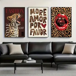 3 Pieces/set of Optional Wooden Frame, Retro Leopard Printed Animal Prints Cheetah Artistic Canvas Vintage Prints Poster, Y2K Funky Chic Style Art, Bedroom Apartment Wall Home Decor Art Poster, Vintage Art Graphic