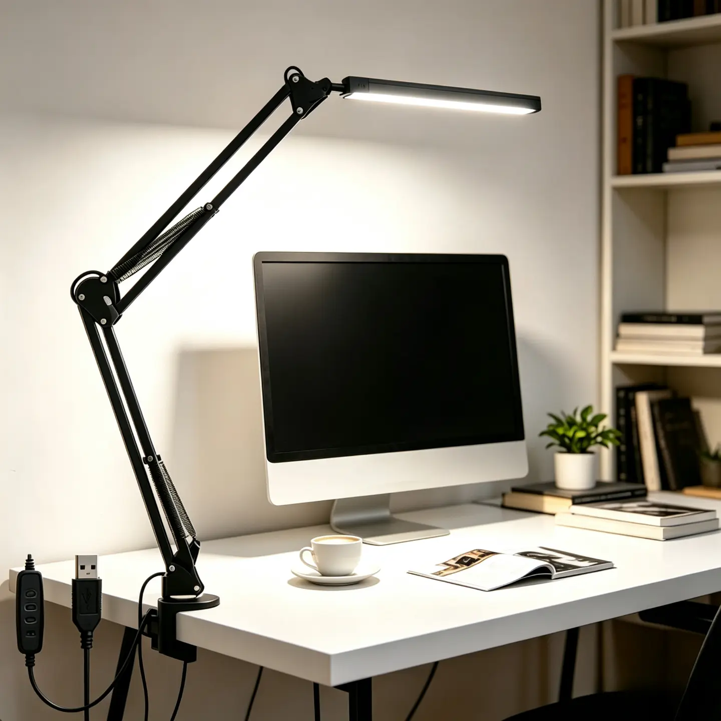 Clip-On LED Desk Lamp - Eye Care Mode LED Lights, 3 Color Temperatures, Adjustable Angle, Long-Arm Clamp, Swing-Arm Adjust, DC Power Supply, USB, Home Office Task Lamp for Reading/Studying, Indoor Use