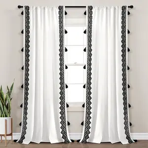 Lush Decor Aztec Diamond Border Tassel Single Window Curtain Panel  - Sold Individually - 52"W x 84"L Faux Linen Geometric Tassels Embroidered Southwestern Style - Windowlouvers