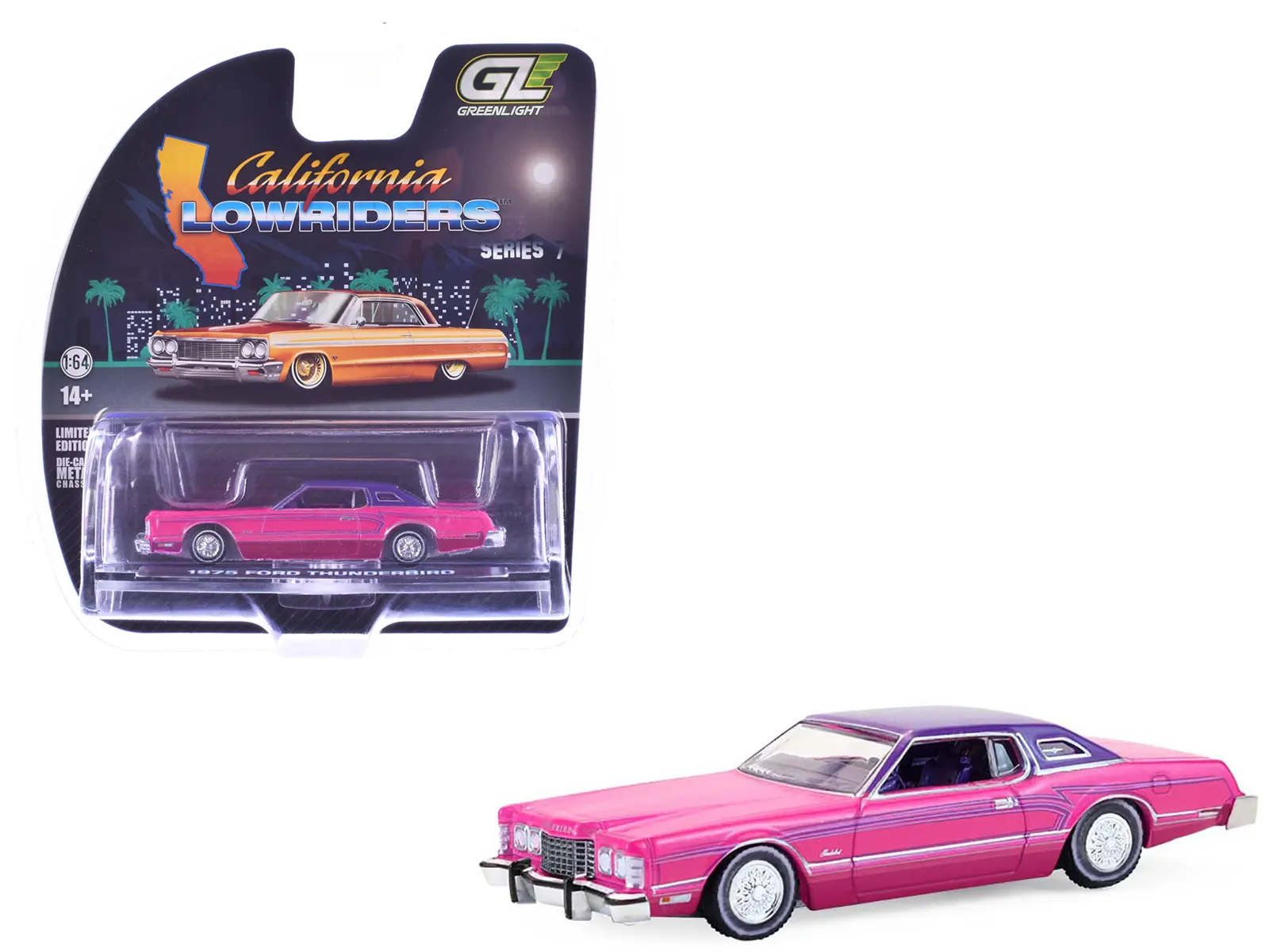 1975 Ford Thunderbird Lowrider Pink Metallic with Purple Top & Graphics & Interior 1/64 Scale Diecast Model Cars by Greenlight