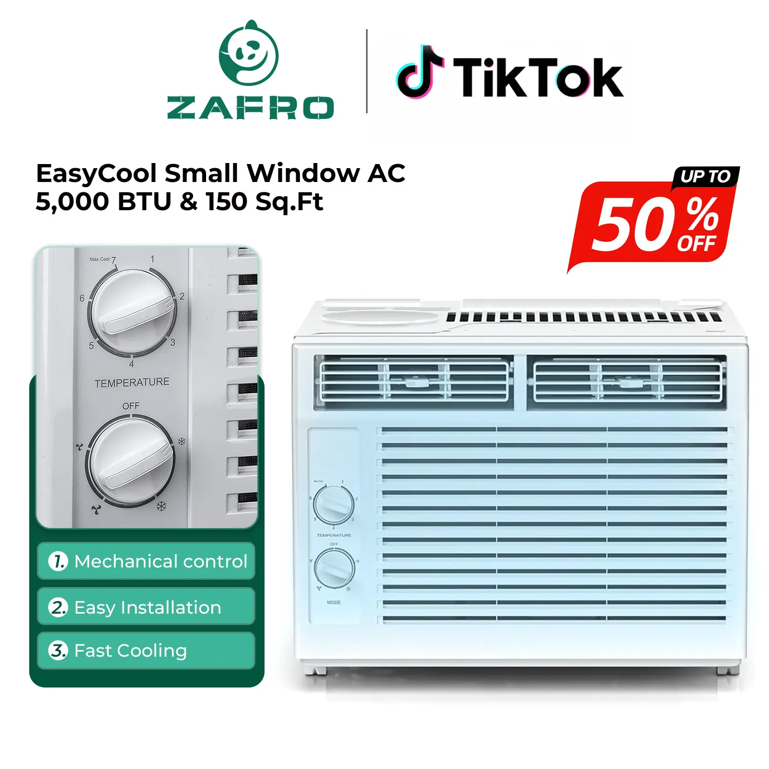 ZAFRO 5000BTU Small Window Air Conditioner - Window Type Aircon, US Plug, Cools Up to 250sq.ft, 7 Temp Levels, 2 Modes, 2 Fan Speeds, Quiet Operation, Reusable Filter, Eco Mode (Energy Saver), 24-Hour Timer, Quick Cooling, Ideal for Home & Watch Party, Us