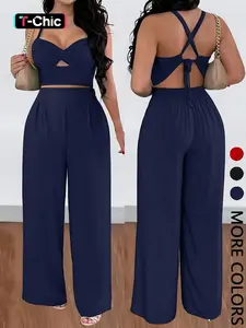 Women's Sexy Vacation Casual Two-Piece Set, Chic Knot Front Hollow Out Short Top, Cross Back Tie Wide Leg Pants, Summer Fashion Womenswear Style