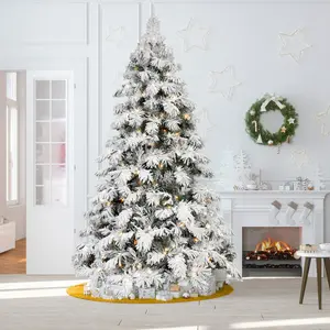【Scarecrow Snow Flocked Tree】5/6/7/8 ft Pre-Lit Artificial Christmas Tree with 375 Warm White Incandescent Lights, 375 Branch Tips, and RGB Pre-Connected Lights (No Need to Find Connection Points for Setup), Featuring Beautiful Snow Scene Decorations.