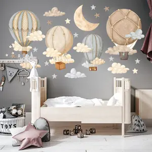Cartoon Hot Air Balloon and Stars Wall Stickers, Moon Cloud Wall Stickers, Bedroom Home Decor, Fun and Stylish Room Accessories
