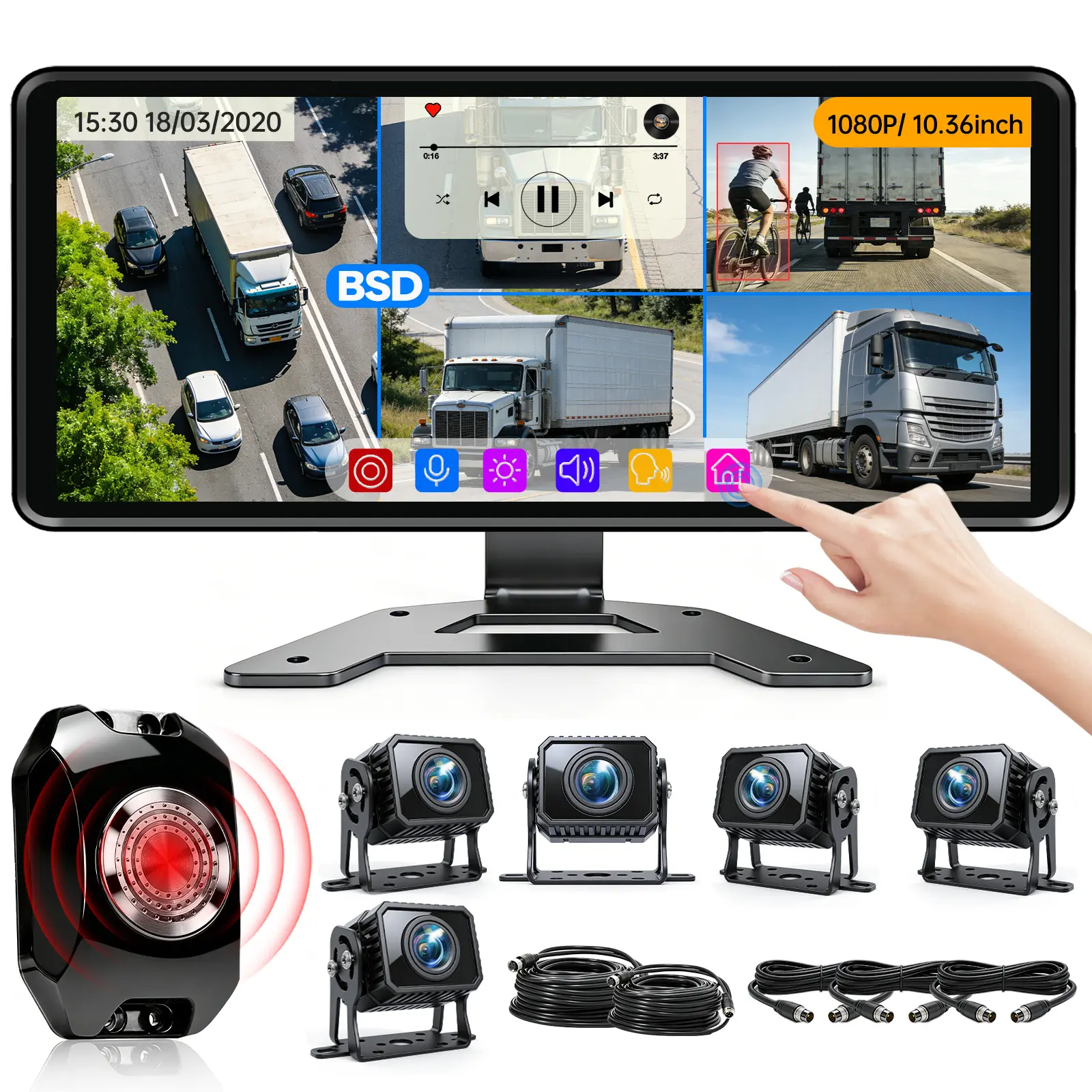 ConewVehicle Wired Backup Camera System - 10.36inch 5CH 5-Camera 1080P FullHD Touch Screen Monitor, Quad Split, DVR Loop Recording, Night Vision, Waterproof, 360° Blindspot Alert, Audible Alarm, ACC Power, CarPlay for RV Trailers, Blind Spot Detection, Dr