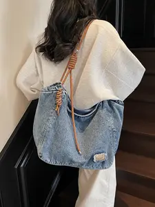 Retro minimalist style practical texture tote bag, drawstring drawstring design with woven rope shoulder strap, large capacity lazy casual versatile shoulder bag, suitable for daily commuting and shopping, Casual Trendy Bag, Travel Tote Bag