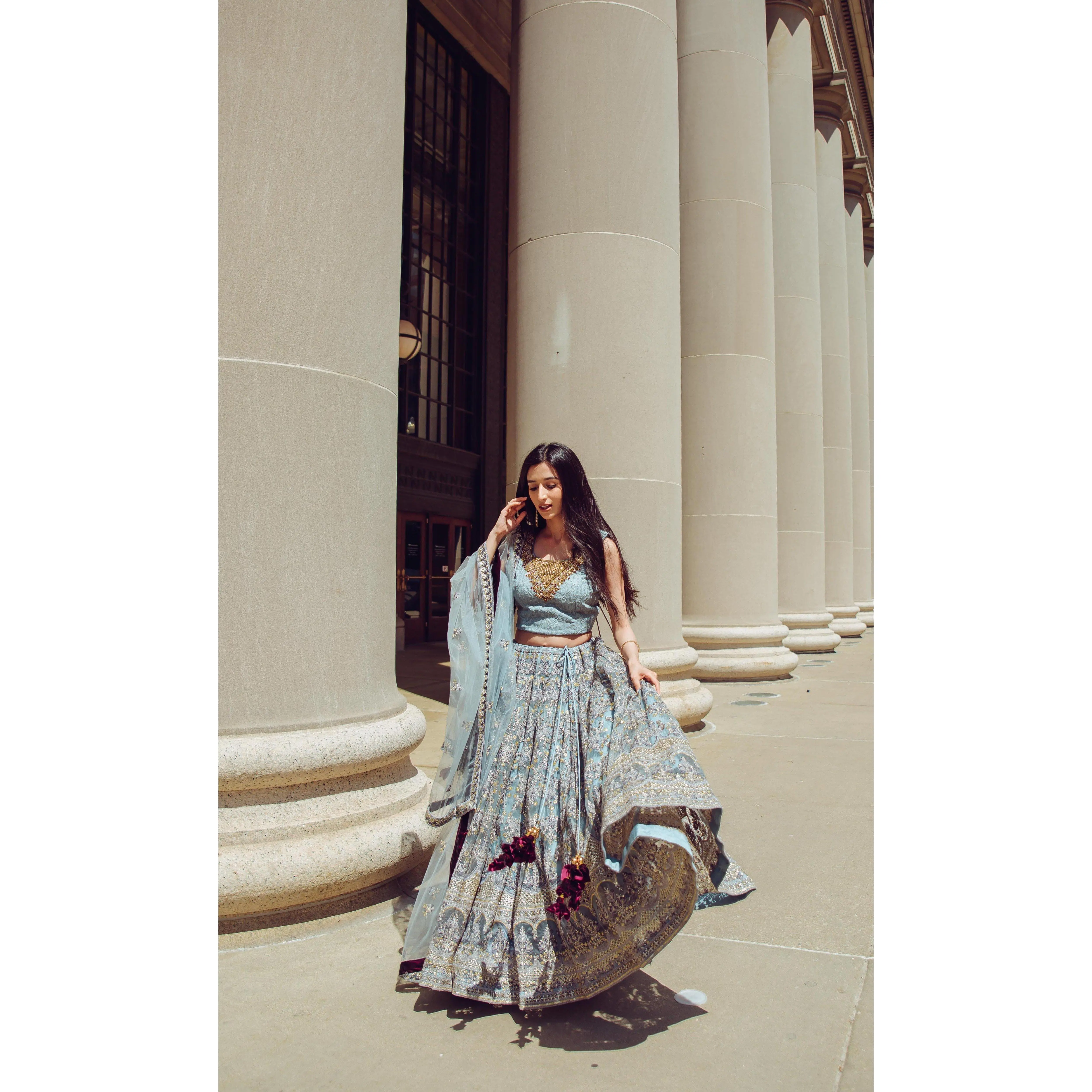 Gray and Gold Hand Embroidered Lehenga Choli Set