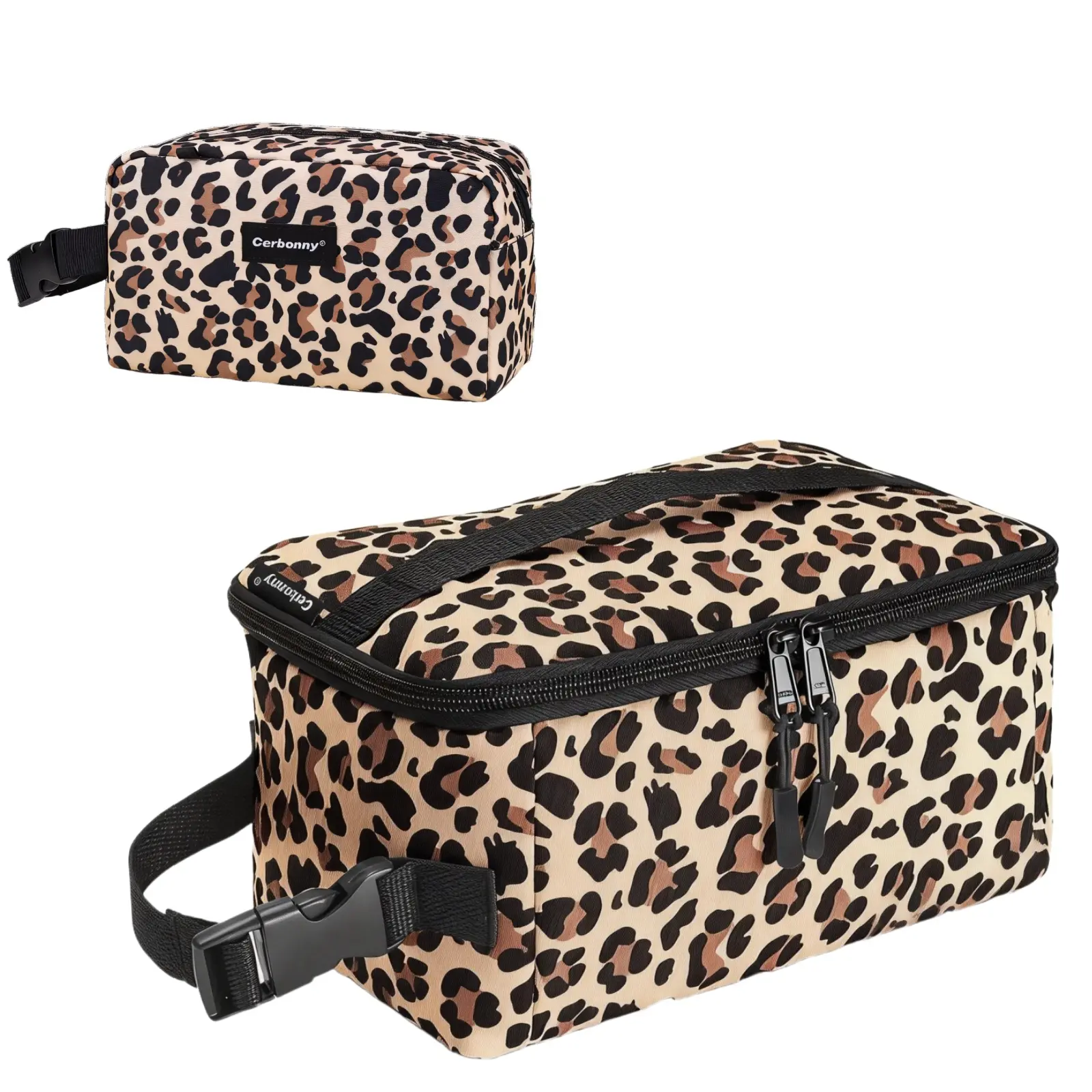 CERBONNY Leopard Print Cold Pack Lunch Bags, 2-Piece Polyester Set for 3 & 6 Cans with Detachable Gel Packs, Lightweight Insulated Can Cooler, Lightweight Insulated Pack, Portable Travel Cooler