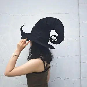 Halloween Hat Witch Hat with Decor Ruffle Edge Halloween Cosplay Headwear for Carnival Costume Dark Style Black Hat Spooky Masks