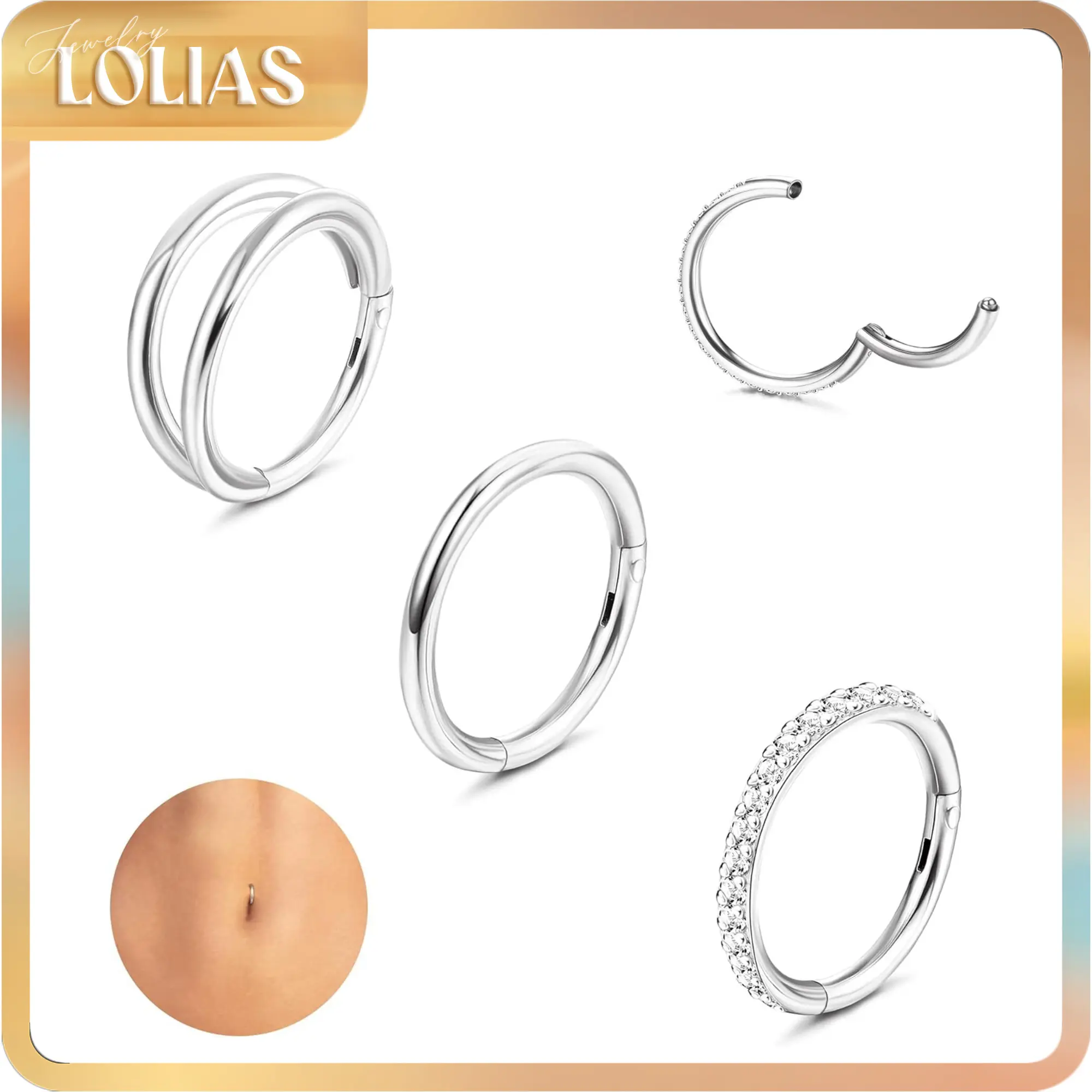 LOLIAS 3-Piece Body Jewellery Set - Surgical Steel CZ Sleeper Hoop Navel Piercing Jewelry with Gold, Silver Tones & Bling Effect, Belly Button Rings, Navel Rings Set, Body Piercings Set