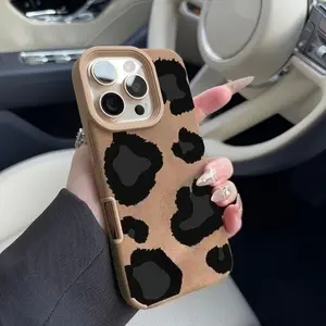Cow Leopard Luxury Matte Lambskin Faux Leather Pattern Phone Case for IPhone 17 16 15 14 Pro Max 13 12 11 XR XS Plus Shockproof Full Camera Protection Durable Slim Silicone Cover