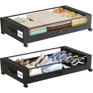 Under Bed Storage with Wheels,XXL 60L Under Bed Storage Containers with Clear , Rolling Under Bed Metal Drawer for Clothes, Shoes,Toys (Black, 2 Pack)