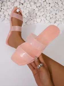 Women's Fashion Jelly Flat Sandals, Lightweight Comfortable Anti-Slip Rubber Beach Shoes, Cute Square Toe Slip-Ons, Medium Width PU Upper
