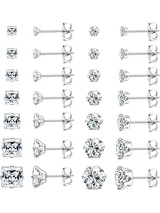 Men's Silver Color Stud Earrings Set, Stainless Steel Hypoallergenic Jewelry, Small Brilliant Design with Multiple Zirconia Stones Ear Studs, Shining Earrings