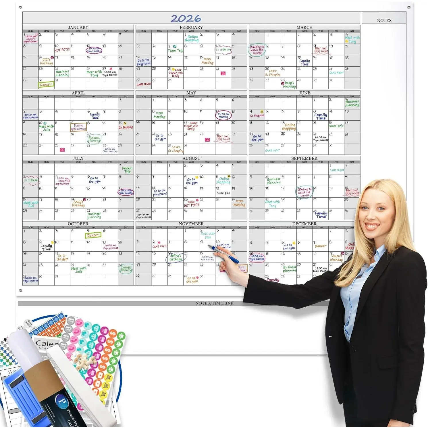 Dry Erase Yearly Whiteboard Wall Calendar, 55" x 63", Huge 12 Month Laminated Erasable White Board, Giant Annual Family Schedule Planner, Large Undated  Year Poster