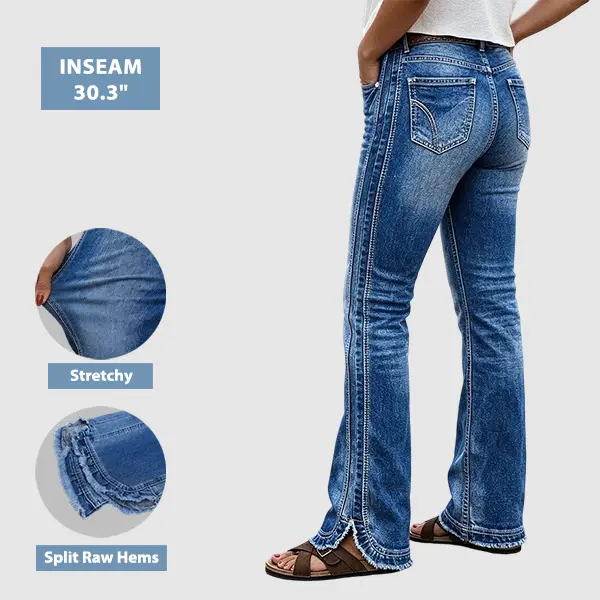 Flamingals Stitch Detail Raw Hem Split Mid Waist Bootcut Jeans Without Belt Stretchy 30.3'' Inseam
