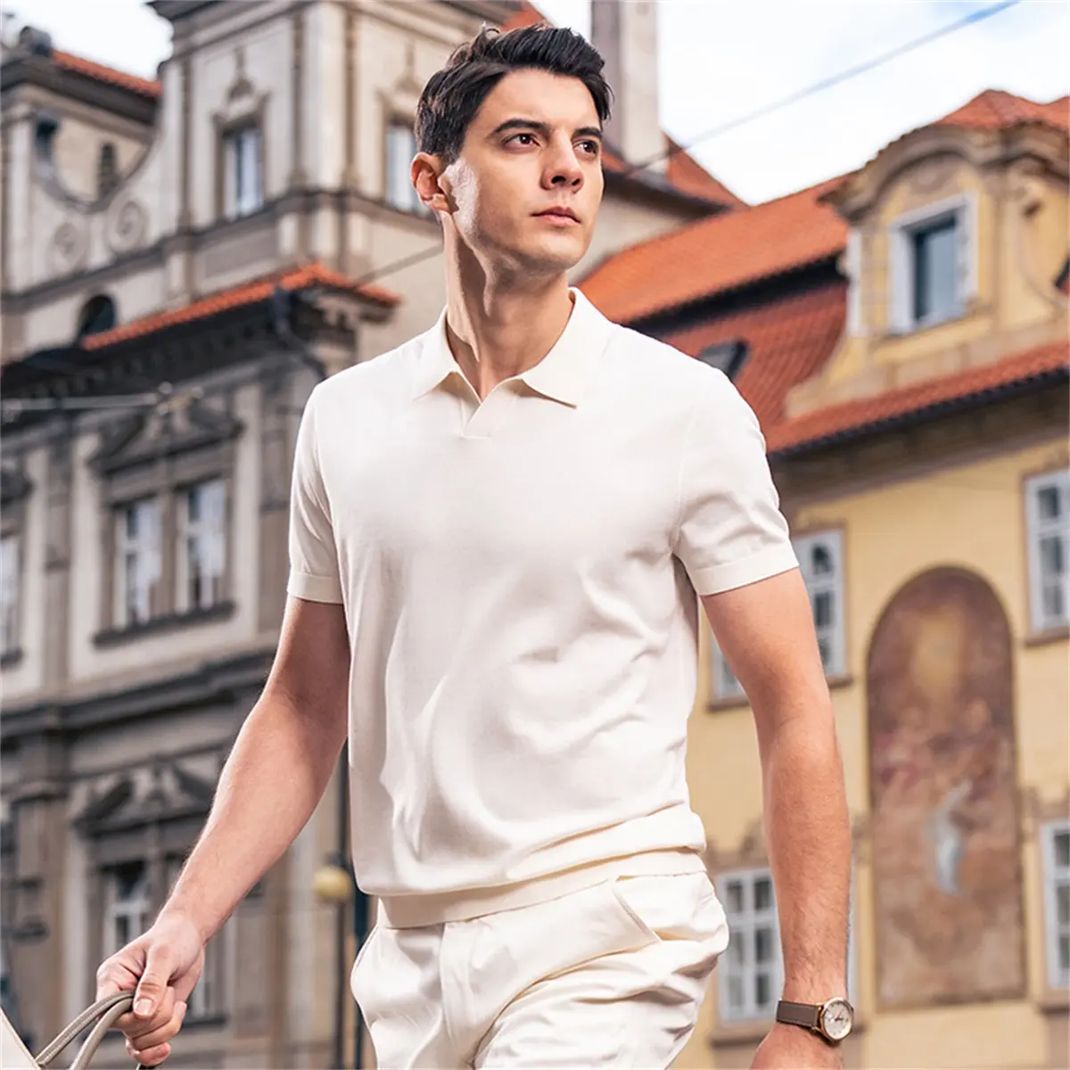 Boveme Men's Classic Smart Casual Buttonless Collar Short-Sleeve Soft Ribbed Knit Polo Shirt - High-Quality Polyester-Silk-Cotton Fabric, Knitted Texture, Cooling, Breathable, Hemmed Business Top, Solid Colors, Standard Sizes, M