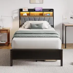 Twin Bed Frame with LED Lights & Charging Station, Metal Platform Bed with Upholstered Headboard, 2-Tier Storage Shelves, Heavy Duty Metal Slats, No Box Spring Need, Noise Free, Easy Assembly, Black