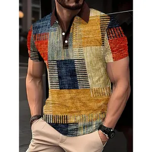 Men's short sleeved button polo shirt with 3D digital checkered print, perfect for casual and fashionable outdoor wear, top, men's clothingRAIMENTRY