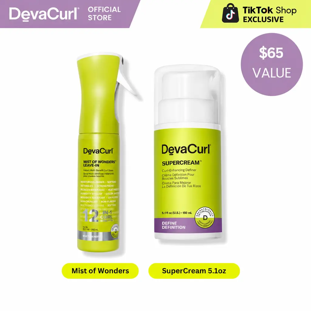 DevaCurl Moisture & Definition Duo: Mist of Wonders Leave-In Spray + SuperCream for Dry Medium to Coarse Curls, Detangling, Frizz Control & Soft Definition