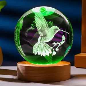 6cm 3D Hummingbird Crystal Statue Ornaments With Wooden Lamp Base, Home Bedroom And Living Room Decorations, Holiday Birthday Graduation Gift For Wife, Girlfriend, Mother Or Friends- Modern Glass Animal Theme Table Lamp For Women, Men,  bird lover